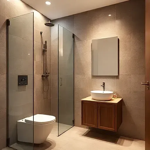 toilet design, eclectic, modern, warm, rainshower, glass partition, sink with vanity cabinet